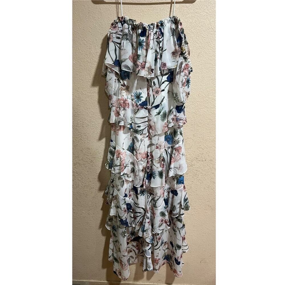 Badgley Mischka White Floral off the shoulder ruffle High Low Maxi Dress